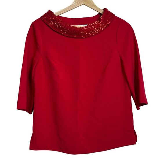 Trina Turk red Short-Sleeve Folded Collar Top beaded XS - Picture 1 of 7